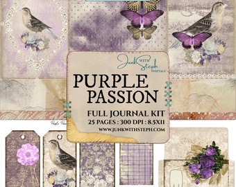 Purple Passion - FULL JOURNAL KIT - Highly detailed Lavender Collage Floral Damask Peacock Flower Textured Mixed Media Pattern Background