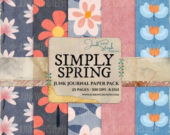 Simply Spring - 25 Page Journal Paper Pack Digital Printable Kit Instant Download Background Junk Flower Vibrant Colorful Red Blue Purple