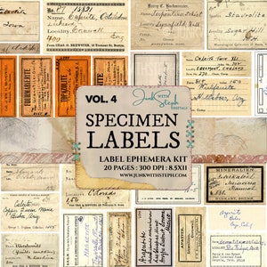 Specimen Labels - Vol. 4 with 20 pages, over 150 separate GENUINE OLD VINTAGE labels specimen scans grunge Junk Journal Scrapbooking Etc