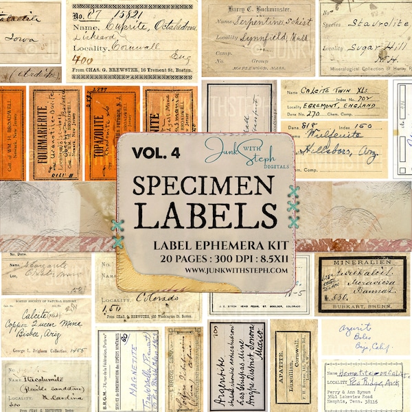 Specimen Labels - Vol. 4 with 20 pages, over 150 separate GENUINE OLD VINTAGE labels specimen scans grunge Junk Journal Scrapbooking Etc