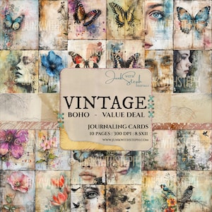 VALUE DEAL - BOHO vintage - 10 pages de carte de journalisation collage technique mixte portrait papillon éphémères indésirable journal scrapbooking