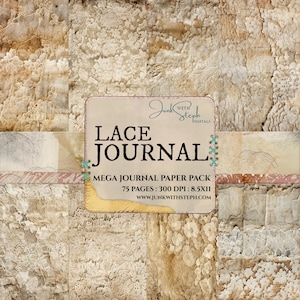 Pode incluir: Um pacote de papel digital para scrapbooking e journaling. O pacote inclui 75 páginas de papel digital com um tema de renda. O papel é de 300 DPI e mede 8,5 x 11 polegadas. O papel foi projetado por Junk with Steph Digitals.