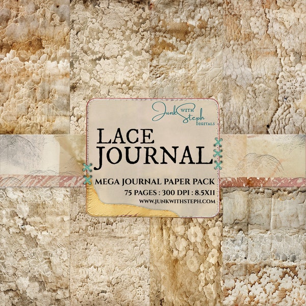 Lace Journal - 75 Page MEGA BUNDLE PAPERPACK - Vintage Antique Lace Doily Romantic Textured and Patterned Backgrounds Embossed Sheer Fabric