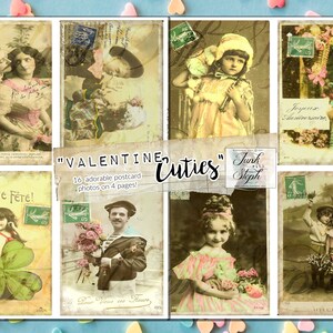 Valentine Cuties - 4 pagina's met elk 4 pagina's, 16 vintage op Valentijn geïnspireerde ansichtkaarten met postzegels op journaling Cards kit indexkaartformaat