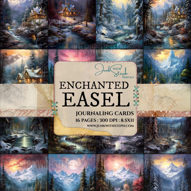 Enchanted Easel 16 pagina's met dagboekkaarten met prachtige scènes geïnspireerd door Bob Ross, Thomas Kinkade Fantasy ephemera junk journal afbeelding 3