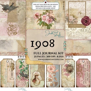 1908 - KIT COMPLETO DIARIO - Vintage Botanical Butterfly rosa blu verde altamente dettagliato con texture e motivi in stile Junk Beautiful