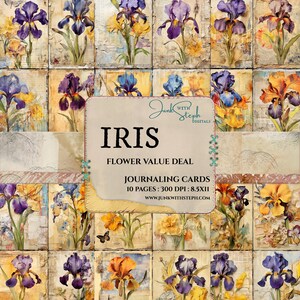 Flower DEAL - IRIS -10 Seiten Journaling Karte Mischtechnik Collage lebendige Farbe Porträt Karte Ephemera Junk Journal Scrapbook Floral