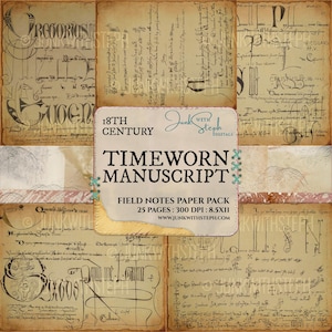 May include: A collage of aged paper sheets with handwritten text and illustrations. The central label reads "18th Century Timeworn Manuscript Field Notes Paper Pack." The paper has a vintage, antique aesthetic, with visible aging and wear.