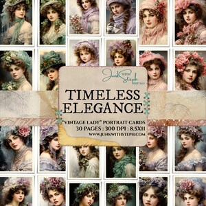 Elegância atemporal - 30 páginas de itens efêmeros 120 cartões de registro separados Cortes sofisticados Enfeites Efêmeros Imagens antigas e vintage para mulheres Rosa