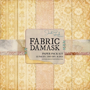 Könnte beinhalten: Ein digitales Papierpaket mit verschiedenen Stoff-Damastmustern in Gold- und Beigetönen. Das Bild zeigt den Text "FABRIC DAMASK" und "PAPER PACK KIT" mit Angaben zu Seiten und DPI.