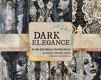 Dark Elegance -25 Page Journal Paper Pack Digital Printable Kit Instant Download Background Junk Dark Academia Doily Lace Gothic Goth Grunge