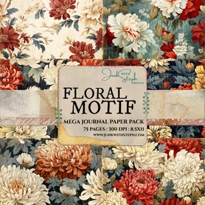 Blumenmotiv - 75 Seite MEGA BUNDLE PAPERPACK - Vintage Antique Fabric Große Blumen texturierte und gemusterte Hintergründe Floral Blau Dunkelcreme