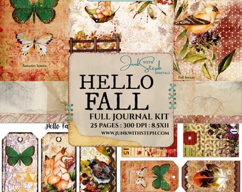 Könnte beinhalten: Ein digitales Scrapbooking-Set mit Herbstthema. Das Set enthält 25 Seiten, hat eine Auflösung von 300 DPI und misst 8,5 x 11 Zoll. Das Set enthält Bilder von Schmetterlingen, Blättern, Vögeln und anderen herbstlichen Elementen. Der Text "Hello Fall" ist prominent auf dem Cover abgebildet.