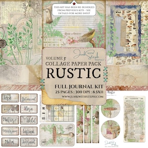 Paquet de papier pour collage : Vol 5 - KIT DE JOURNAL COMPLET - Pages d'arrière-plan texturé « Rustic » Masterboard Ephemera Masterboard Technique mixte Woodland Mushrooms