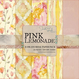 May include: A digital paper pack with 25 pages of pink, yellow, and white patterned designs. The pack is titled "Pink Lemonade" and is from Junk with Steph Digitals. The designs include floral patterns, geometric patterns, and marbled patterns.