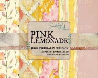 Pink Lemonade - 25 Page Dual Tone Pattern Paper Pack, Pink Yellow Floral Digital Printable Kit Instant Download Background Junk Journal