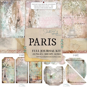 Parigi - KIT COMPLETO DIARIO - Collage di parole floreali blu francese con farfalle in tecnica mista e vibrante, sfondo per diario vintage con texture