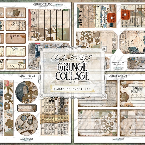 Grunge Collage: LARGE Ephemera Kit - 20 Ephemera Pages with Mixed Media Collage theme, Junk Journals Crafting Scrapbooking Tickets Envelopes