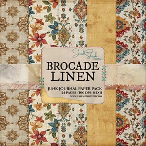 May include: A collage of patterned paper sheets with floral and geometric designs in beige, red, blue, and gold. The central label reads "BROCADE LINEN" and "JUNK JOURNAL PAPER PACK". The paper size is 8.5x11 inches.