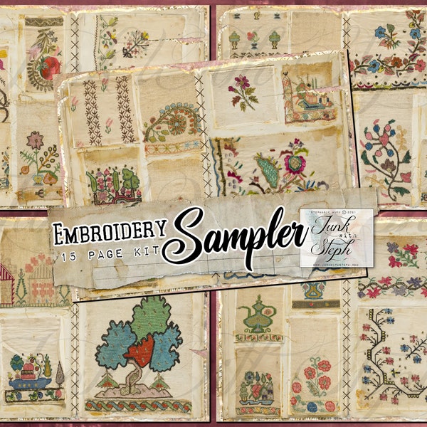 Embroidery Sampler - 15 double pages featuring a collection of Embroidery and trim samples from an antique vintage sample book over 75 years