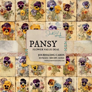 Offre florale - PANSY - 10 pages de carte de journalisation technique mixte collage portrait carte éphémère indésirable journal scrapbooking floral