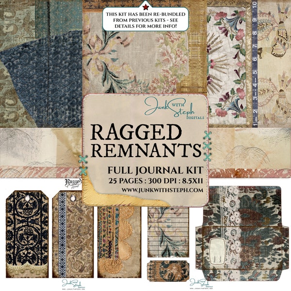 Ragged Remnants - FULL JOURNAL KIT - Highly detailed Antique Old Fabric Embroidered Stitched Textured & Patterned Background Junk Collage