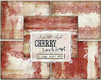 Cherry - Lace & Script Paper Pack: 15 paginakleuren Getextureerde patronen Achtergrond INSTANT download Afdrukbare Junk Journal-pagina's voor Scrapbook