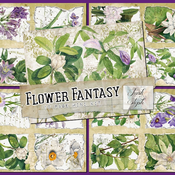 Flower Fantasy - 10 Page Mini Kit, 7 Journaling Card Ephemera Tear Pages and 3 Backgrounds included Filled with Flowers bursting with color!