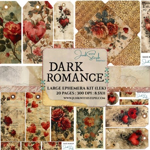 Dark Romance: DUŻY ZESTAW Ephemera - 20 Stron Ephemera - Grungy Red Romantic Hearts Roses Flowers Junk Journal Labels Cards Tags Envelope