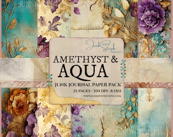 May include: A digital paper pack with 25 pages of vintage floral patterns in shades of purple, gold, and teal. The pack is titled "Amethyst & Aqua" and is designed for junk journaling.