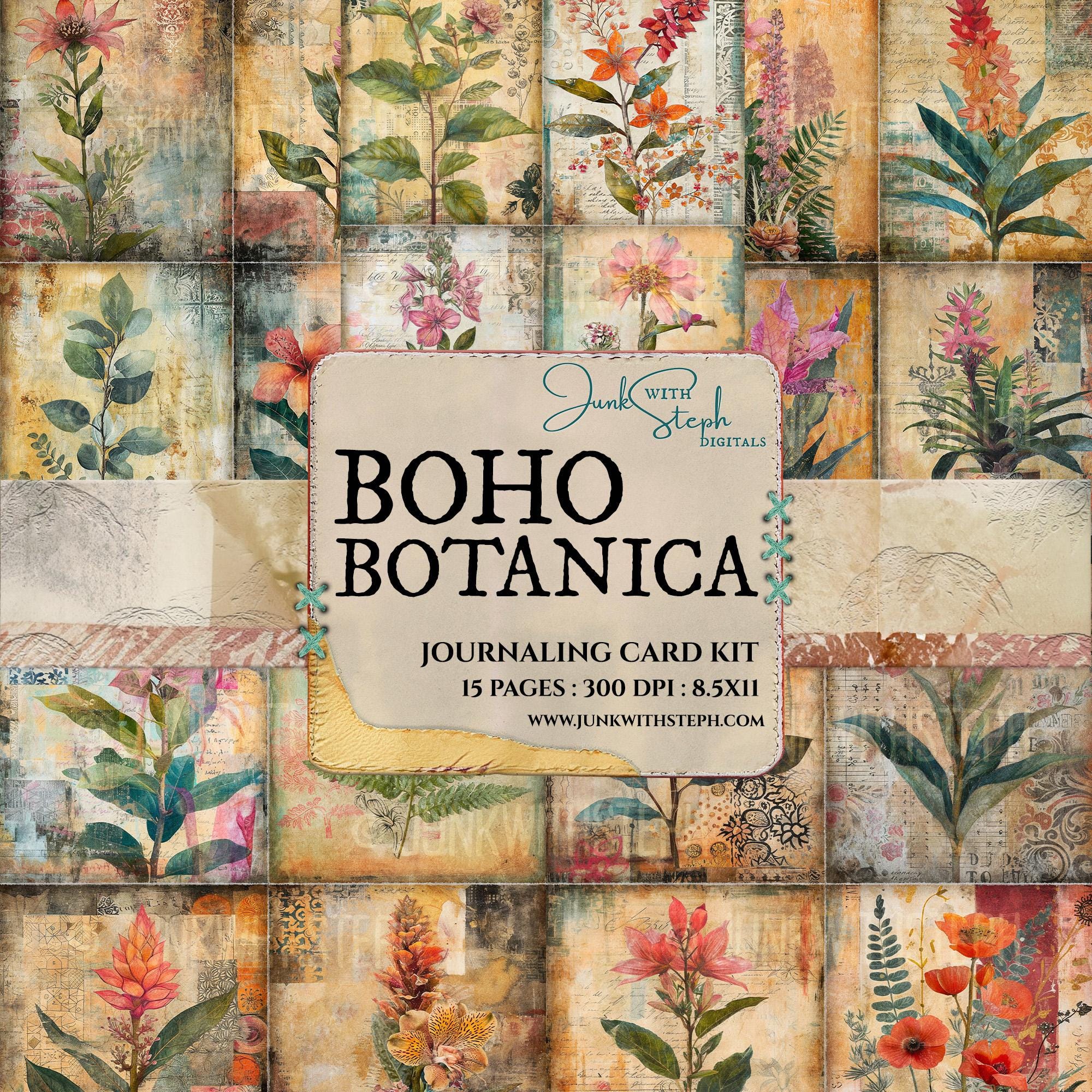 Boho Botanica Journaling Cards - 15 Pages featuring Grungy mixed media Flower Butterfly Boho Floral Vibrant ephemera junk journal scrapbook