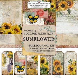 Collage Paper Pack: Vol 13 - FULL JOURNAL KIT - &quot;Sunflower&quot; Textured Junk Background Page Ephemera Masterboard Vintage Yellow Bloom Grunge
