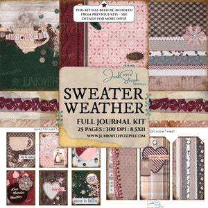 Météo des chandails - Kit complet de journal indésirable de 25 pages Noël vacances Noël tissu chocolat chaud arrière-plans de journal indésirable étiquettes éphémères bordeaux rose