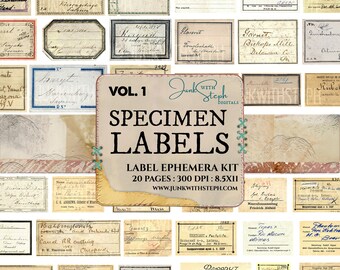 標本ラベル - 第 1 巻、20 ページ、150 枚以上の本物の古い