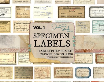 Specimen Labels - Vol.1 with 20 pages with over 150 seperate GENUINE OLD VINTAGE labels specimen scans grunge Junk Journal Scrapbooking Etc