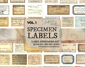 Specimen Labels - Vol.1 with 20 pages with over 150 seperate GENUINE OLD VINTAGE labels specimen scans grunge Junk Journal Scrapbooking Etc