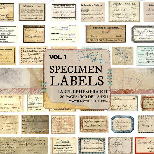 Specimen Labels - Vol.1 with 20 pages with over 150 seperate GENUINE OLD VINTAGE labels specimen scans grunge Junk Journal Scrapbooking Etc