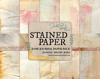 Stained Paper - 25 Page Journal Paper Pack Digital Printable Kit Instant Download Background Junk Journal Coffee Avocado Tea Dyed Scrapbook