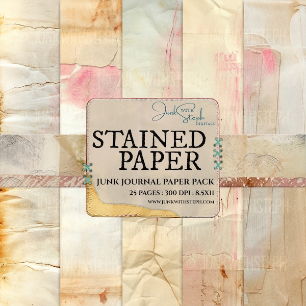 Stained Paper - 25 Page Journal Paper Pack Digital Printable Kit Instant Download Background Junk Journal Coffee Avocado Tea Dyed Scrapbook