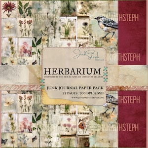 Herbier - paquet de 25 pages pour journal, kit imprimable numérique, téléchargement immédiat, BG, journal indésirable, fleurs botaniques, texture, collage, Masterboard