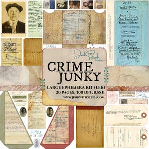 May include: A digital ephemera kit titled "Crime Junky" featuring vintage documents, mugshots, and handwritten notes. The kit includes 20 pages with a resolution of 300 DPI and dimensions of 8.5x11 inches. The kit's theme is centered around crime and history.