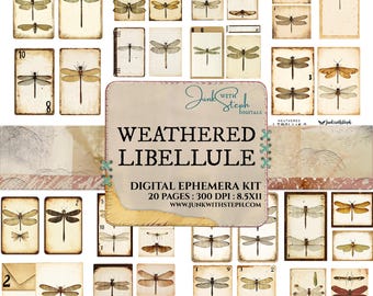 Weathered Libellule: 20 Page Dragonfly Ephemera Labels Vintage Grunge Junk Journal (Digital Download)