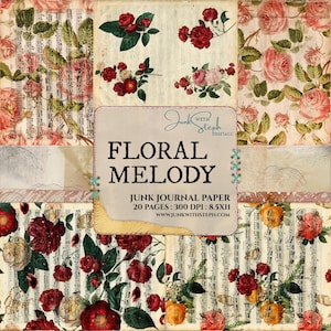 Papierpakket bloemenmelodie: vintage roos vlinder bladmuziek achtergronden (digitale download)