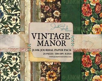Paquete de papel vintage Manor Journal: Fondos de collage imprimibles para diario basura, estilo William Morris (descarga digital, 25 páginas)