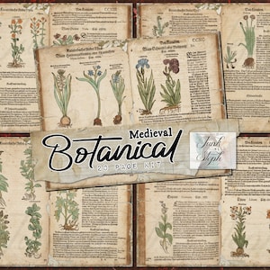 Medieval Botanical - 20 Pages Botanical Illustrations Vintage 1700's Book Hand drawn Antique Script Digital Printable Junk Journal Kit