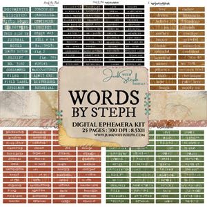 Words by Steph : Junk Journal Labels Numbers Grunge Ephemera 5 Colors & Fonts (Digital Download)