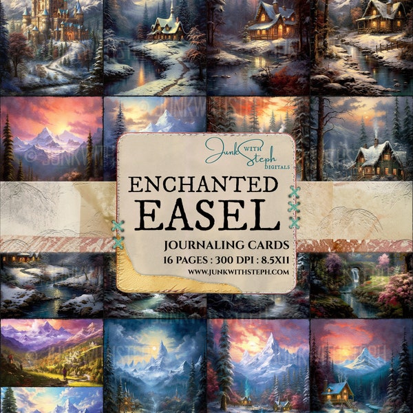 Enchanted Easel - 16 Pages of Journaling Cards featuring beautiful scenes inspired by Bob Ross, Thomas Kinkade Fantasy ephemera junk journal