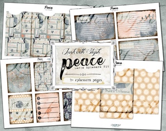 PEACE: LARGE Ephemera Kit - 20 Ephemera Pages - Promoting Love & Peace - Pink, Yellow, Blue Junk Journal Tickets Index Cards Tags Envelopes