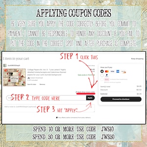Puede incluir: Una imagen digital que muestra instrucciones sobre c&oacute;mo aplicar c&oacute;digos de cup&oacute;n para una compra en Etsy. La imagen muestra una captura de pantalla de una lista de productos con un precio de 4,45 &euro; y un bot&oacute;n que dice "Aplicar c&oacute;digos de cup&oacute;n de la tienda". La imagen tambi&eacute;n incluye texto que dice "Gasta 10 &euro; o m&aacute;s, usa el c&oacute;digo JWS10" y "Gasta 20 &euro; o m&aacute;s, usa el c&oacute;digo JWS20".