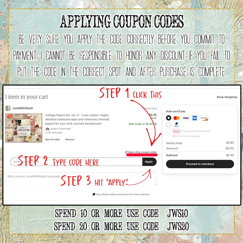 Puede incluir: Una imagen digital que muestra instrucciones sobre c&oacute;mo aplicar c&oacute;digos de cup&oacute;n para una compra en Etsy. La imagen muestra una captura de pantalla de una lista de productos con un precio de 4,45 &euro; y un bot&oacute;n que dice "Aplicar c&oacute;digos de cup&oacute;n de la tienda". La imagen tambi&eacute;n incluye texto que dice "Gasta 10 &euro; o m&aacute;s, usa el c&oacute;digo JWS10" y "Gasta 20 &euro; o m&aacute;s, usa el c&oacute;digo JWS20".